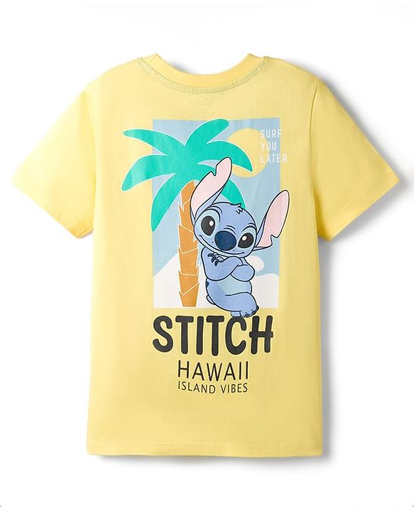 Pine Kids Disney Single Jersey Knit Half Sleeves T-Shirt With Front & Back Lilo & Stitch Print - Yellow