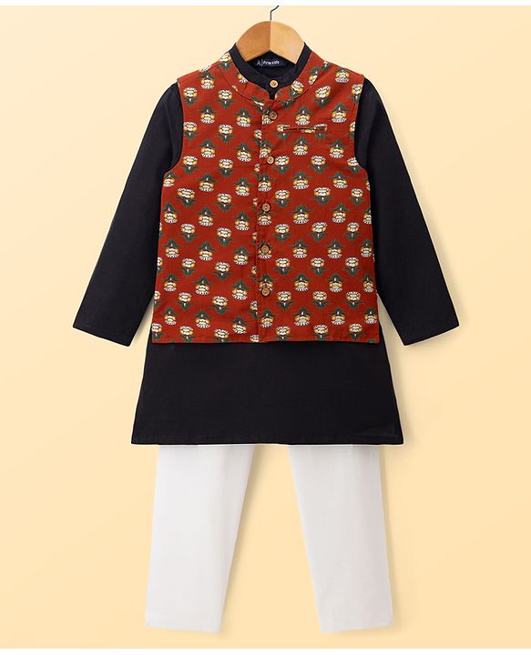 Pine Kids Cotton Woven Full Sleeves Floral Printed Kurta & Pyjama Set With Jacket - Black