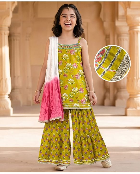 Pine Kids Cotton Woven Sleeveless Floral Printed Kurti & Sharara Set With Dupatta - Olive Green