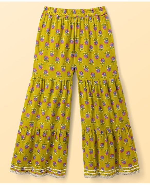 Pine Kids Cotton Woven Sleeveless Floral Printed Kurti & Sharara Set With Dupatta - Olive Green