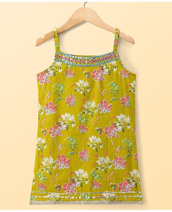 Pine Kids Cotton Woven Sleeveless Floral Printed Kurti & Sharara Set With Dupatta - Olive Green