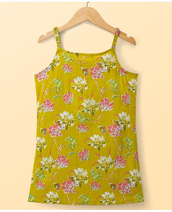 Pine Kids Cotton Woven Sleeveless Floral Printed Kurti & Sharara Set With Dupatta - Olive Green