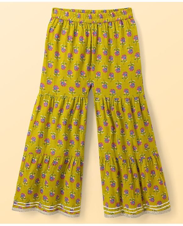 Pine Kids Cotton Woven Sleeveless Floral Printed Kurti & Sharara Set With Dupatta - Olive Green