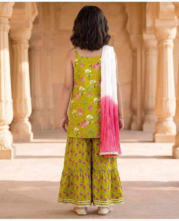 Pine Kids Cotton Woven Sleeveless Floral Printed Kurti & Sharara Set With Dupatta - Olive Green