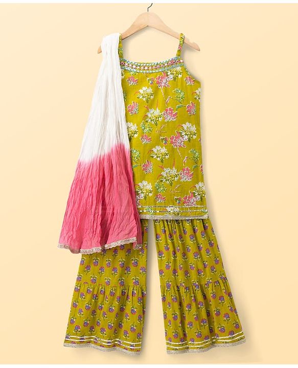 Pine Kids Cotton Woven Sleeveless Floral Printed Kurti & Sharara Set With Dupatta - Olive Green