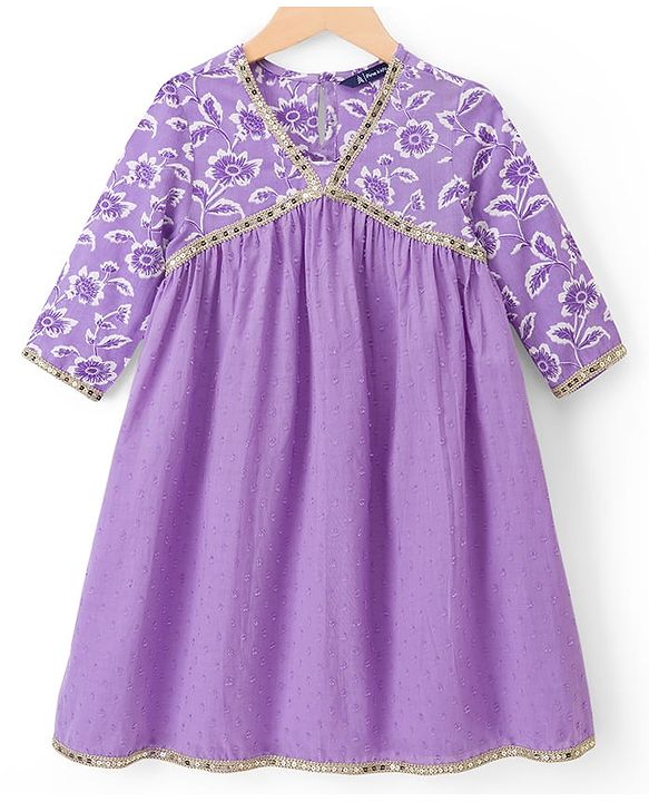 Pine Kids Rayon Woven Full Sleeves Floral Printed & Sequinned Kurta & Chudidar Set With Dupatta - Purple