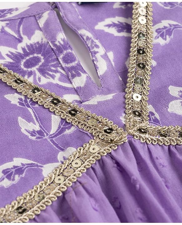 Pine Kids Rayon Woven Full Sleeves Floral Printed & Sequinned Kurta & Chudidar Set With Dupatta - Purple