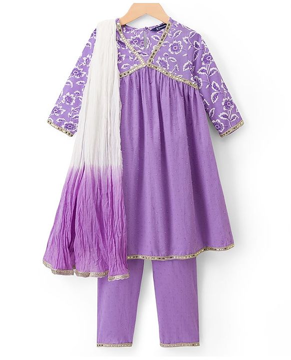 Pine Kids Rayon Woven Full Sleeves Floral Printed & Sequinned Kurta & Chudidar Set With Dupatta - Purple