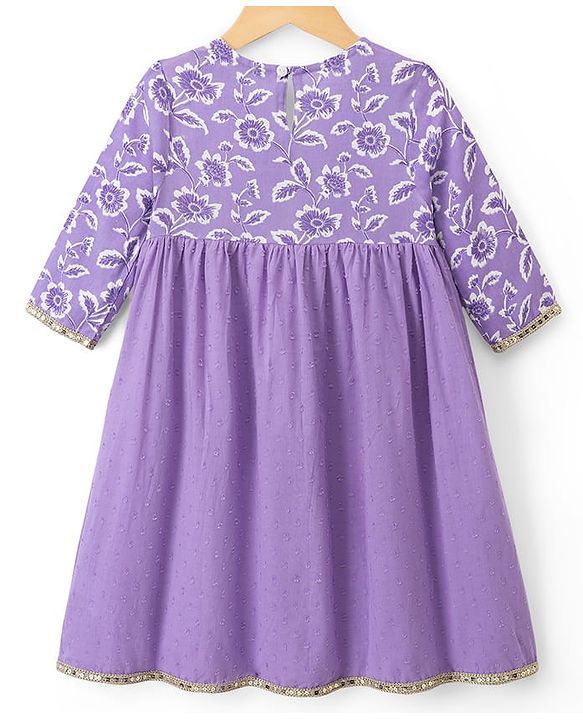 Pine Kids Rayon Woven Full Sleeves Floral Printed & Sequinned Kurta & Chudidar Set With Dupatta - Purple