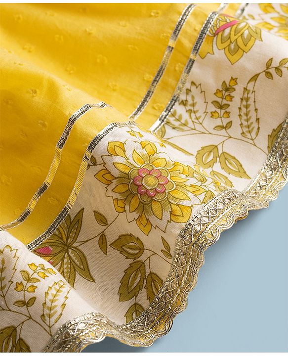 Pine Kids Rayon Woven Sleeveless Floral Printed Choli & Lehenga Set With Dupatta - Yellow