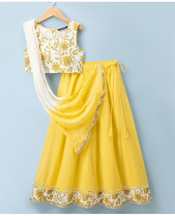 Pine Kids Rayon Woven Sleeveless Floral Printed Choli & Lehenga Set With Dupatta - Yellow