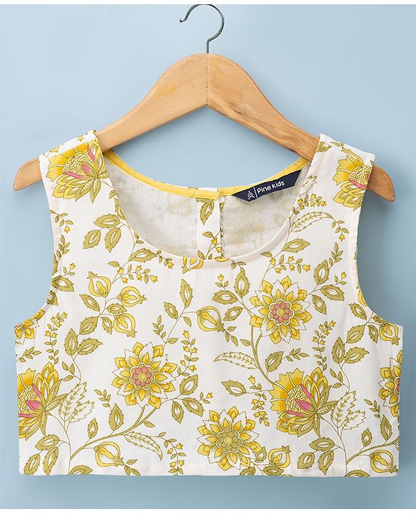 Pine Kids Rayon Woven Sleeveless Floral Printed Choli & Lehenga Set With Dupatta - Yellow