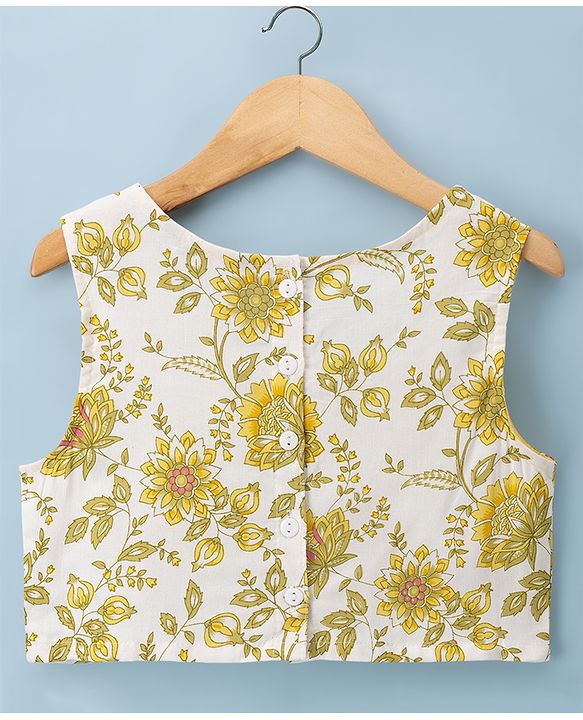 Pine Kids Rayon Woven Sleeveless Floral Printed Choli & Lehenga Set With Dupatta - Yellow