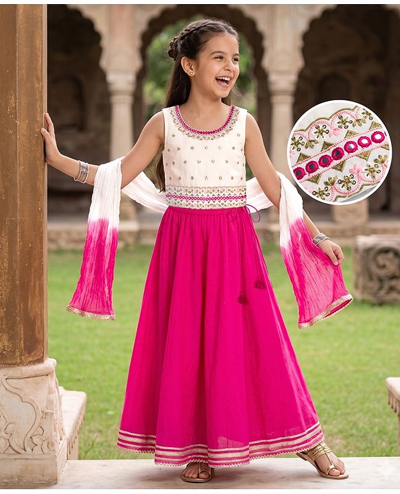 Pine Kids 100% Cotton Woven Sleeveless Floral Sequinned Choli Lehenga Set With Dupatta With Lace Detailing - White & Dark Pink