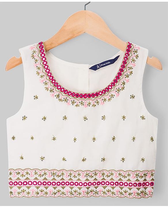 Pine Kids 100% Cotton Woven Sleeveless Floral Sequinned Choli Lehenga Set With Dupatta With Lace Detailing - White & Dark Pink