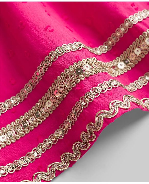 Pine Kids 100% Cotton Woven Sleeveless Floral Sequinned Choli Lehenga Set With Dupatta With Lace Detailing - White & Dark Pink
