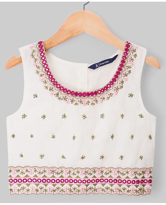 Pine Kids 100% Cotton Woven Sleeveless Floral Sequinned Choli Lehenga Set With Dupatta With Lace Detailing - White & Dark Pink