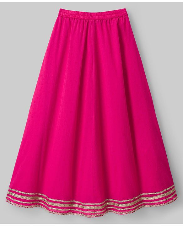 Pine Kids 100% Cotton Woven Sleeveless Floral Sequinned Choli Lehenga Set With Dupatta With Lace Detailing - White & Dark Pink