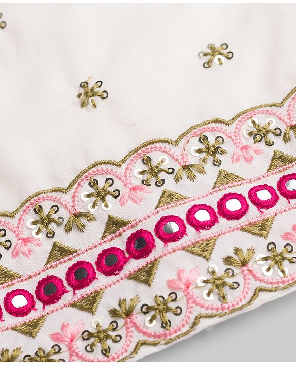 Pine Kids 100% Cotton Woven Sleeveless Floral Sequinned Choli Lehenga Set With Dupatta With Lace Detailing - White & Dark Pink