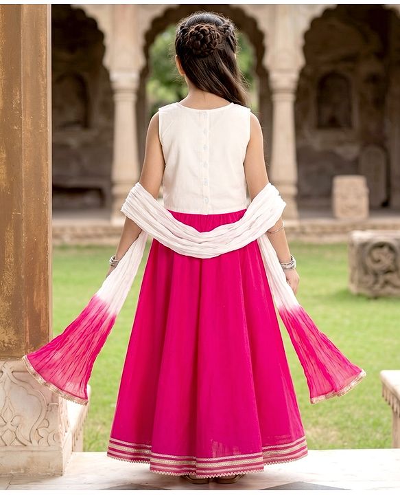Pine Kids 100% Cotton Woven Sleeveless Floral Sequinned Choli Lehenga Set With Dupatta With Lace Detailing - White & Dark Pink