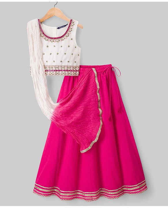 Pine Kids 100% Cotton Woven Sleeveless Floral Sequinned Choli Lehenga Set With Dupatta With Lace Detailing - White & Dark Pink
