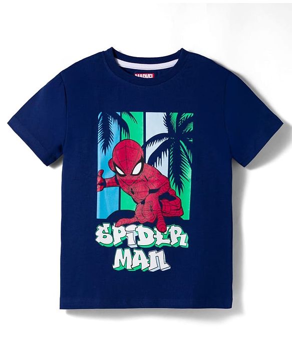 Pine Kids Disney Single Jersey Knit Half Sleeves T-Shirt With Spider Man Print - Navy Blue