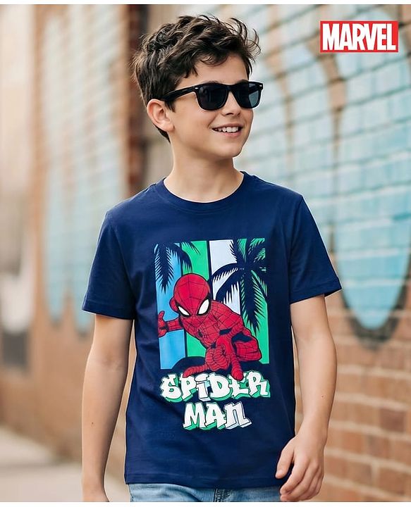 Pine Kids Disney Single Jersey Knit Half Sleeves T-Shirt With Spider Man Print - Navy Blue