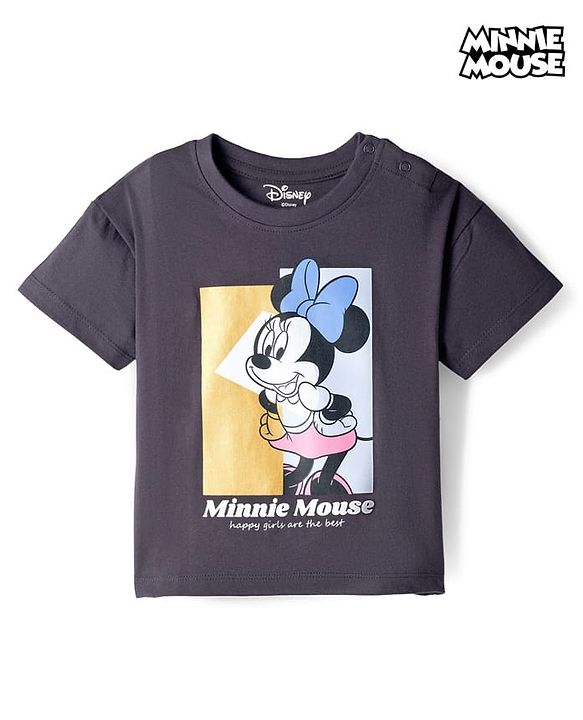 Babyhug Disney Knit Half Sleeves Drop Shoulder T-Shirt With Minnie Mouse Graphics & Foil Print Detailing - Black