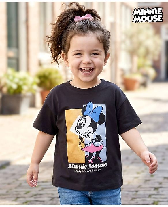 Babyhug Disney Knit Half Sleeves Drop Shoulder T-Shirt With Minnie Mouse Graphics & Foil Print Detailing - Black