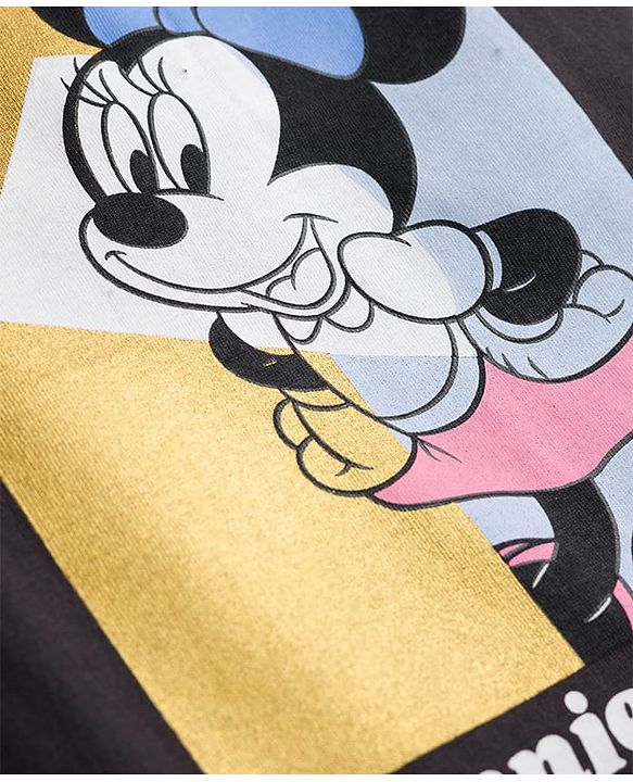 Babyhug Disney Knit Half Sleeves Drop Shoulder T-Shirt With Minnie Mouse Graphics & Foil Print Detailing - Black