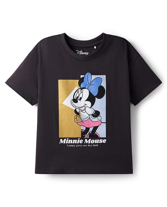 Babyhug Disney Knit Half Sleeves Drop Shoulder T-Shirt With Minnie Mouse Graphics & Foil Print Detailing - Black