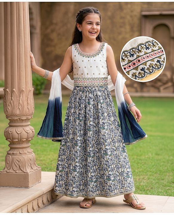 Pine Kids 100% Cotton Woven Sleeveless Sequinned Floral Choli & Lehenga Set With Dupatta - Navy Blue