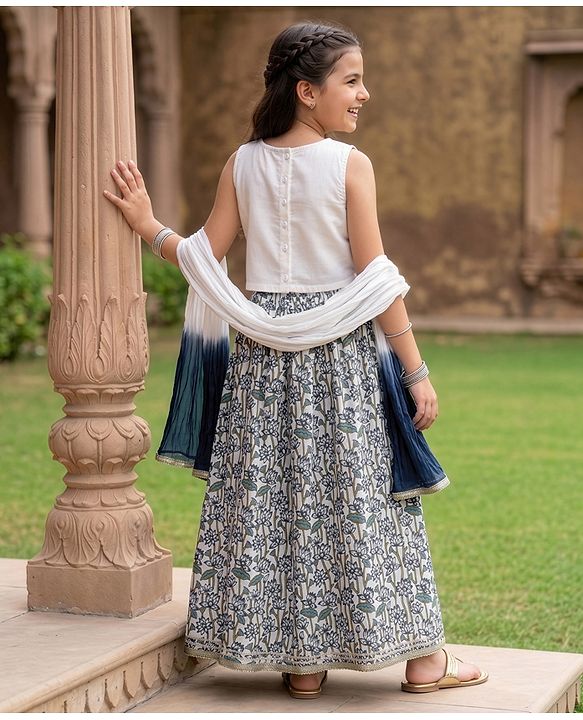 Pine Kids 100% Cotton Woven Sleeveless Sequinned Floral Choli & Lehenga Set With Dupatta - Navy Blue