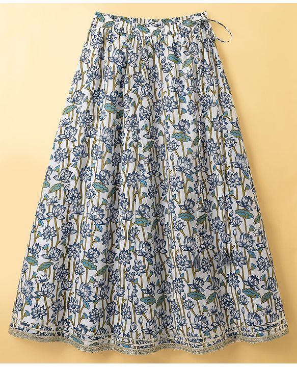 Pine Kids 100% Cotton Woven Sleeveless Sequinned Floral Choli & Lehenga Set With Dupatta - Navy Blue