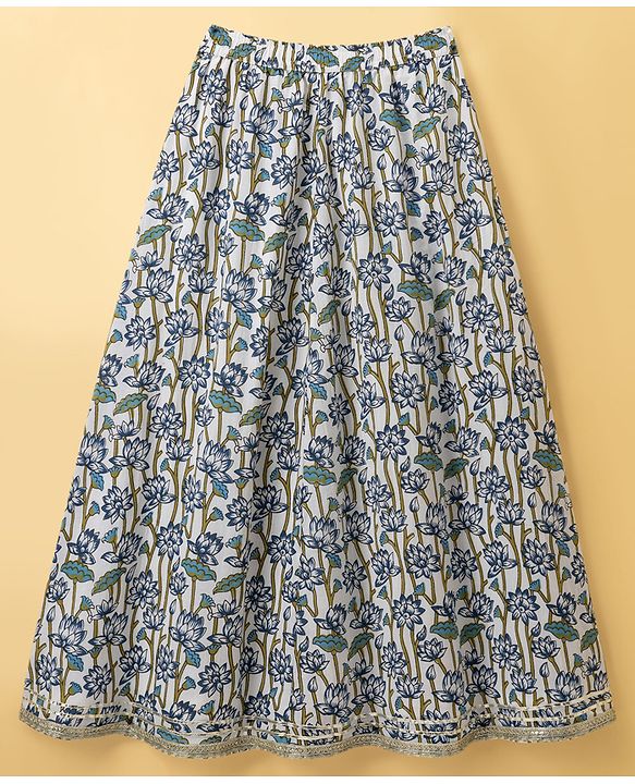 Pine Kids 100% Cotton Woven Sleeveless Sequinned Floral Choli & Lehenga Set With Dupatta - Navy Blue