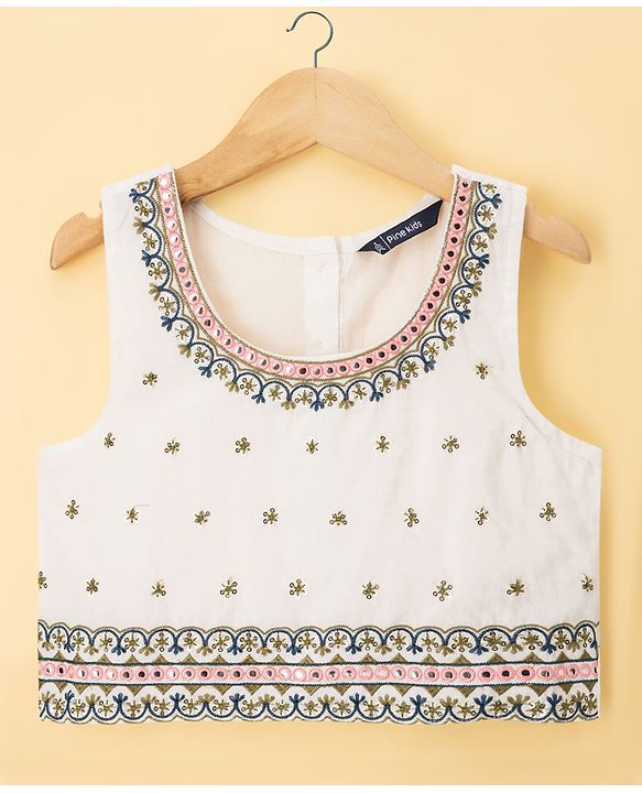 Pine Kids 100% Cotton Woven Sleeveless Sequinned Floral Choli & Lehenga Set With Dupatta - Navy Blue