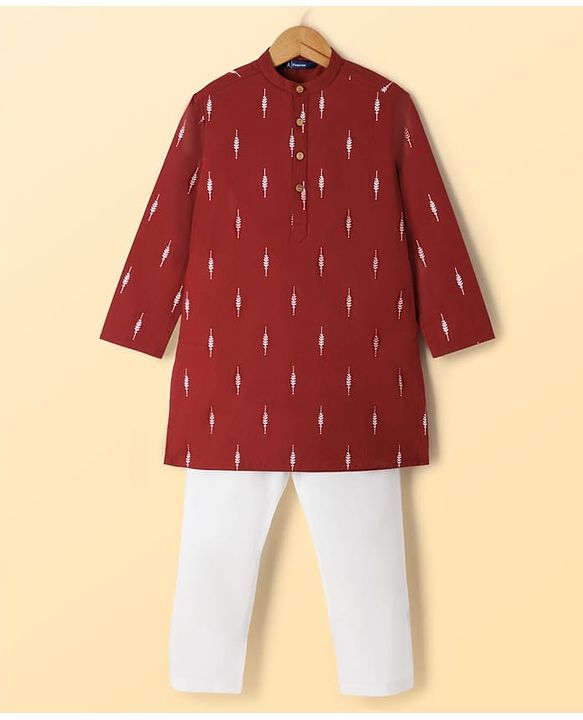 Pine Kids Cotton Woven Full Sleeves Kurta Pyjama Set With Floral Print - Maroon