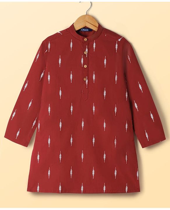 Pine Kids Cotton Woven Full Sleeves Kurta Pyjama Set With Floral Print - Maroon