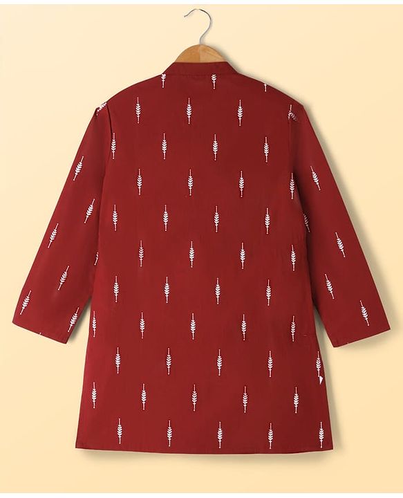Pine Kids Cotton Woven Full Sleeves Kurta Pyjama Set With Floral Print - Maroon