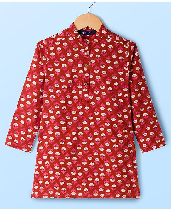 Pine Kids 100% Cotton Woven Full Sleeves Floral Printed Kurta & Pyjama Set - Red