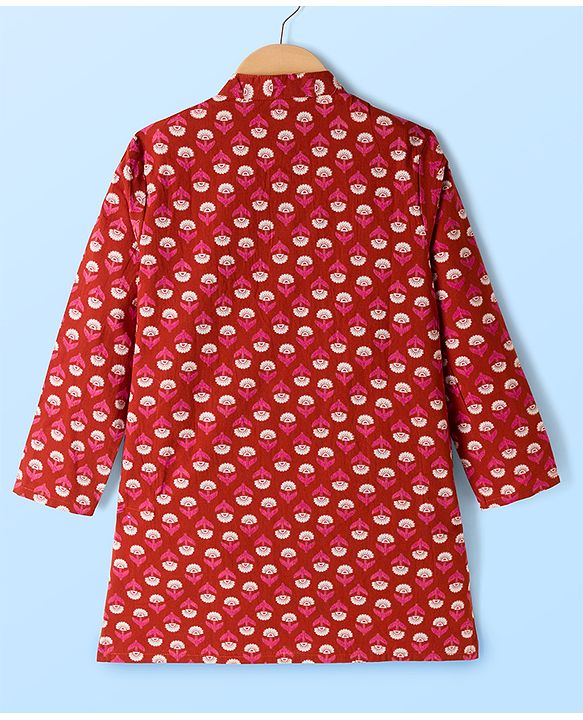 Pine Kids 100% Cotton Woven Full Sleeves Floral Printed Kurta & Pyjama Set - Red