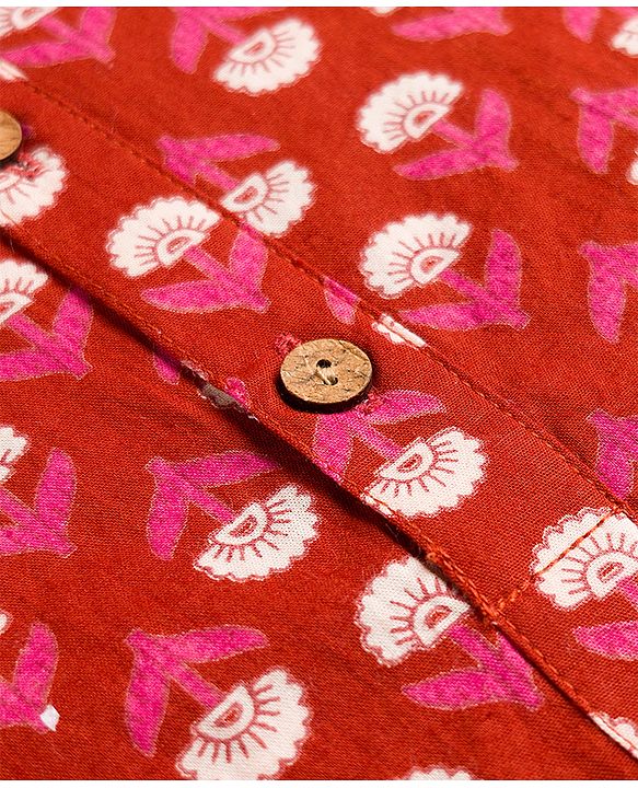 Pine Kids 100% Cotton Woven Full Sleeves Floral Printed Kurta & Pyjama Set - Red