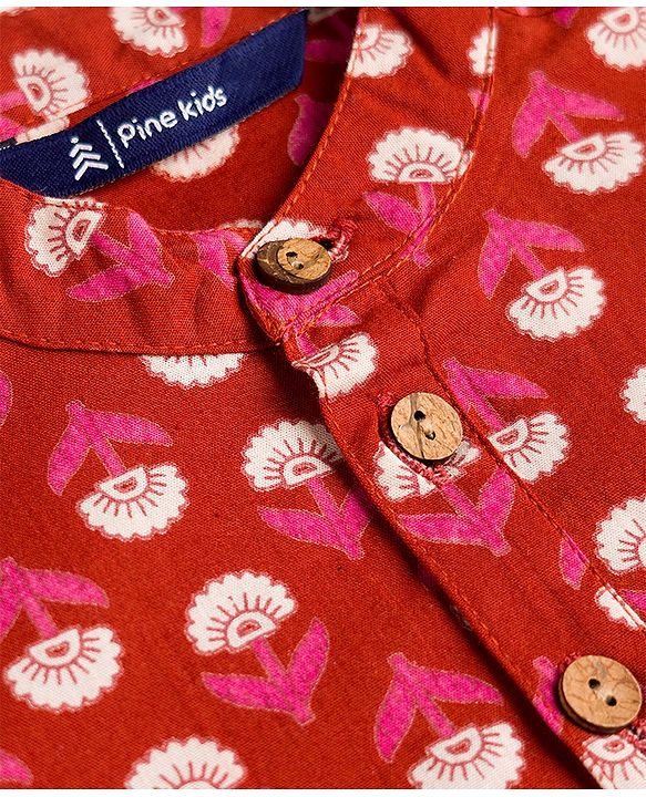 Pine Kids 100% Cotton Woven Full Sleeves Floral Printed Kurta & Pyjama Set - Red