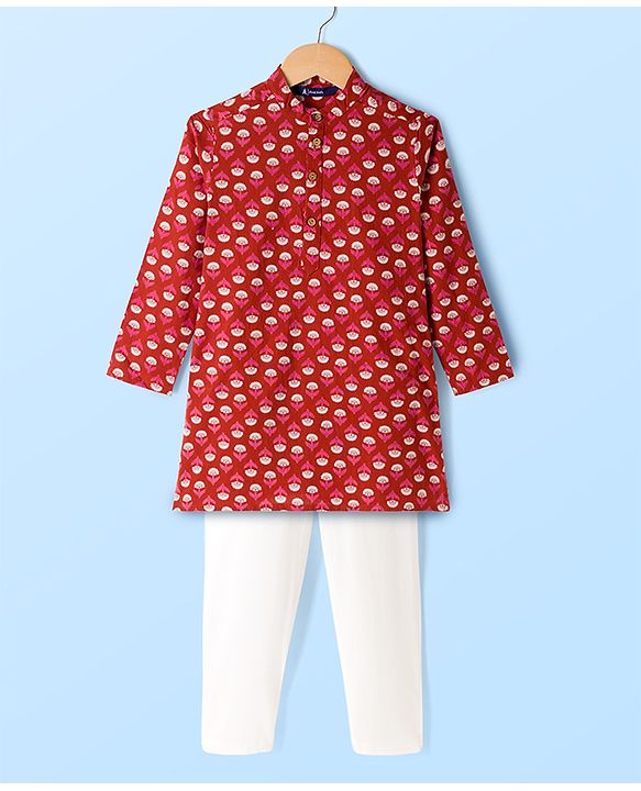 Pine Kids 100% Cotton Woven Full Sleeves Floral Printed Kurta & Pyjama Set - Red