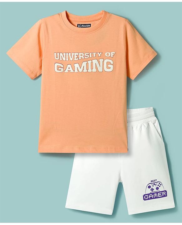 Pine Kids Single Jersey Knit Half Sleeves T-Shirt & Shorts Set with Gaming Print - Peach