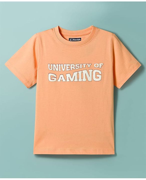 Pine Kids Single Jersey Knit Half Sleeves T-Shirt & Shorts Set with Gaming Print - Peach