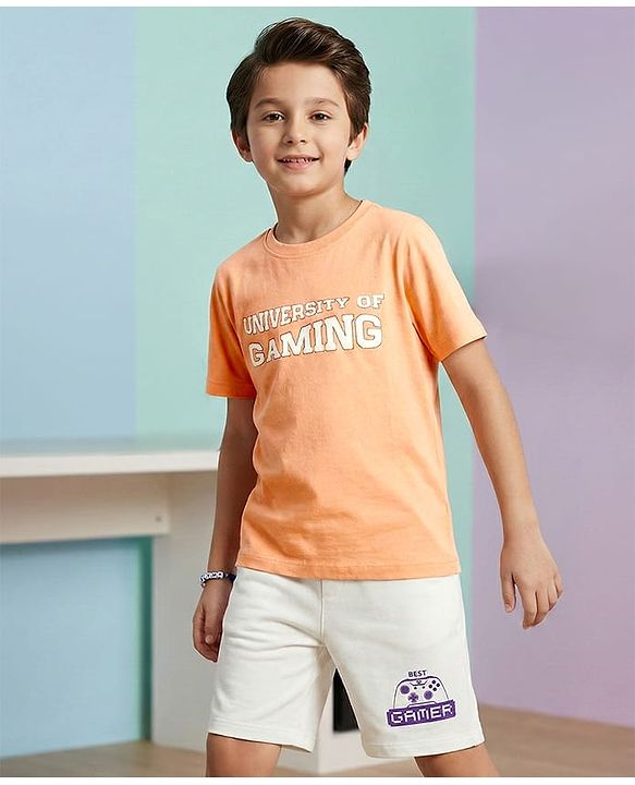 Pine Kids Single Jersey Knit Half Sleeves T-Shirt & Shorts Set with Gaming Print - Peach