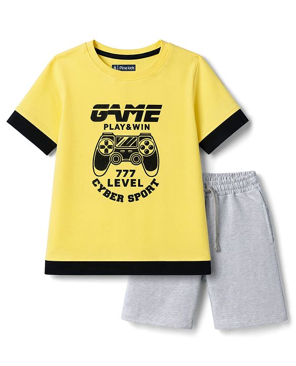 Pine Kids Single Jersey Knit Half Sleeves Game Printed T-Shirt & Shorts Set - Yellow