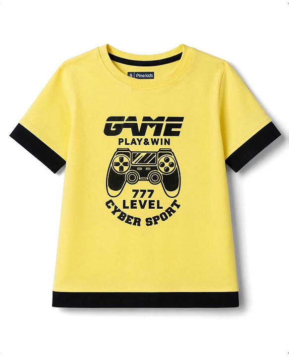 Pine Kids Single Jersey Knit Half Sleeves Game Printed T-Shirt & Shorts Set - Yellow