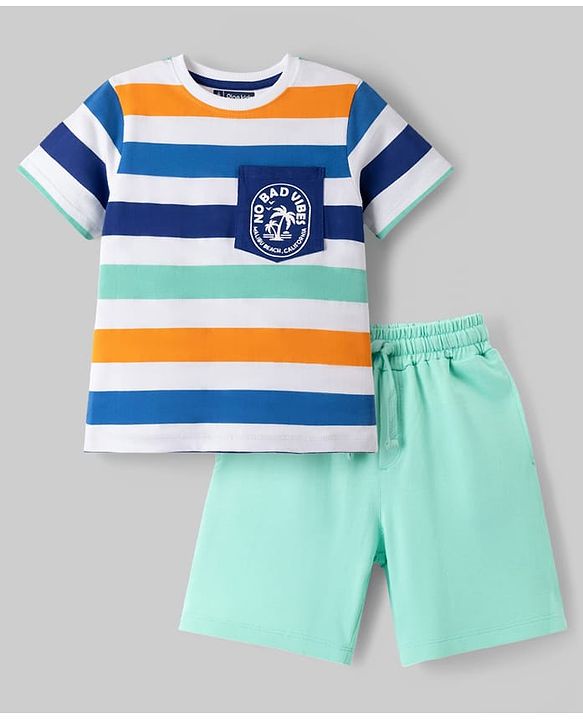 Pine Kids Single Jersey Knit Half Sleeves Striped T-Shirt with Text Print - White